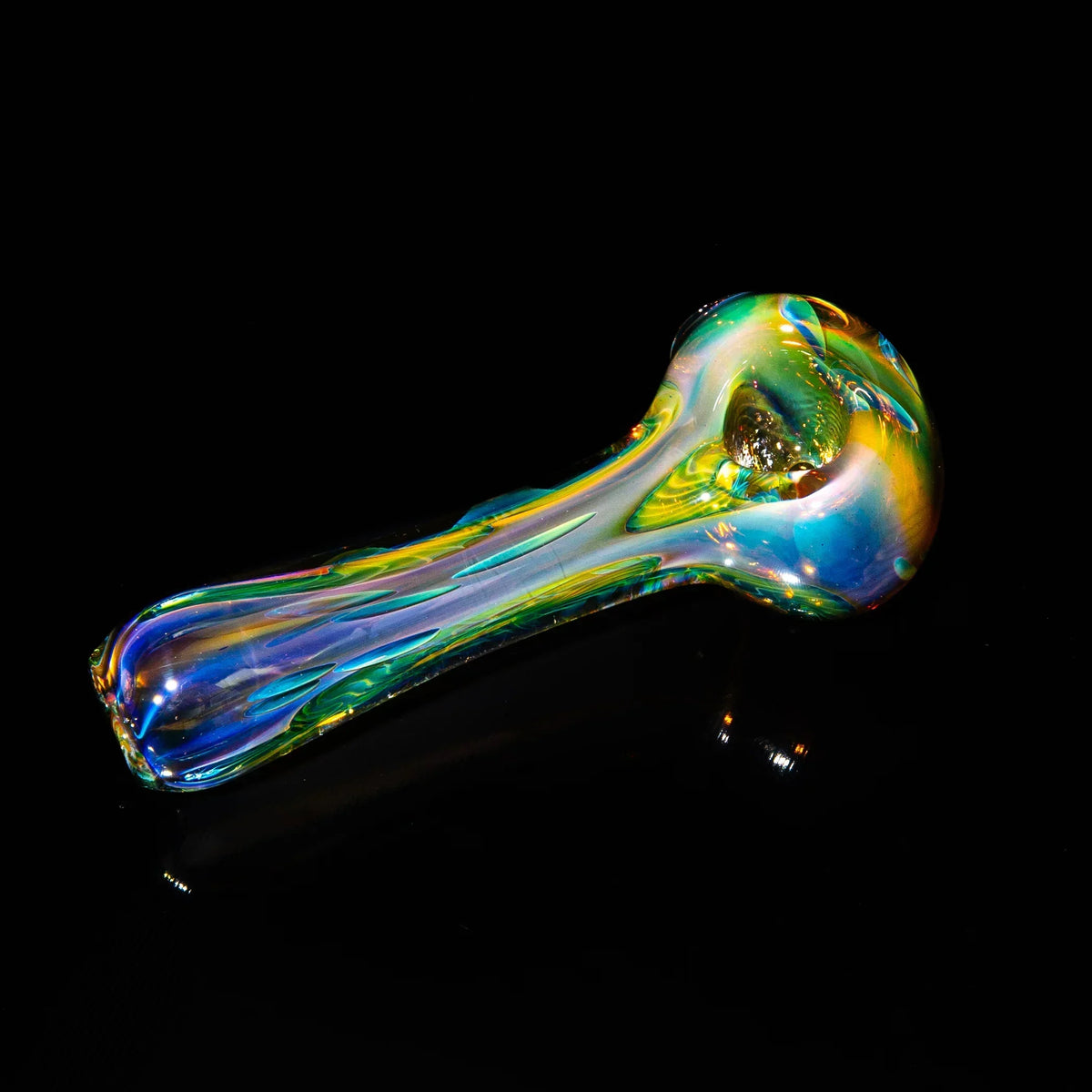 Colorful hand-blown glass pipe with iridescent swirls on a black background