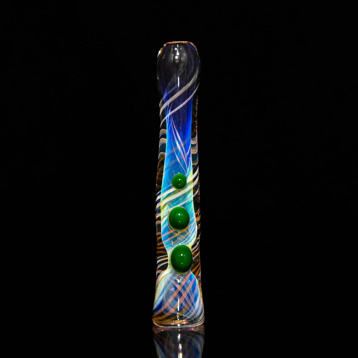Hand-blown glass chillum with blue swirls and green marble accents on black background