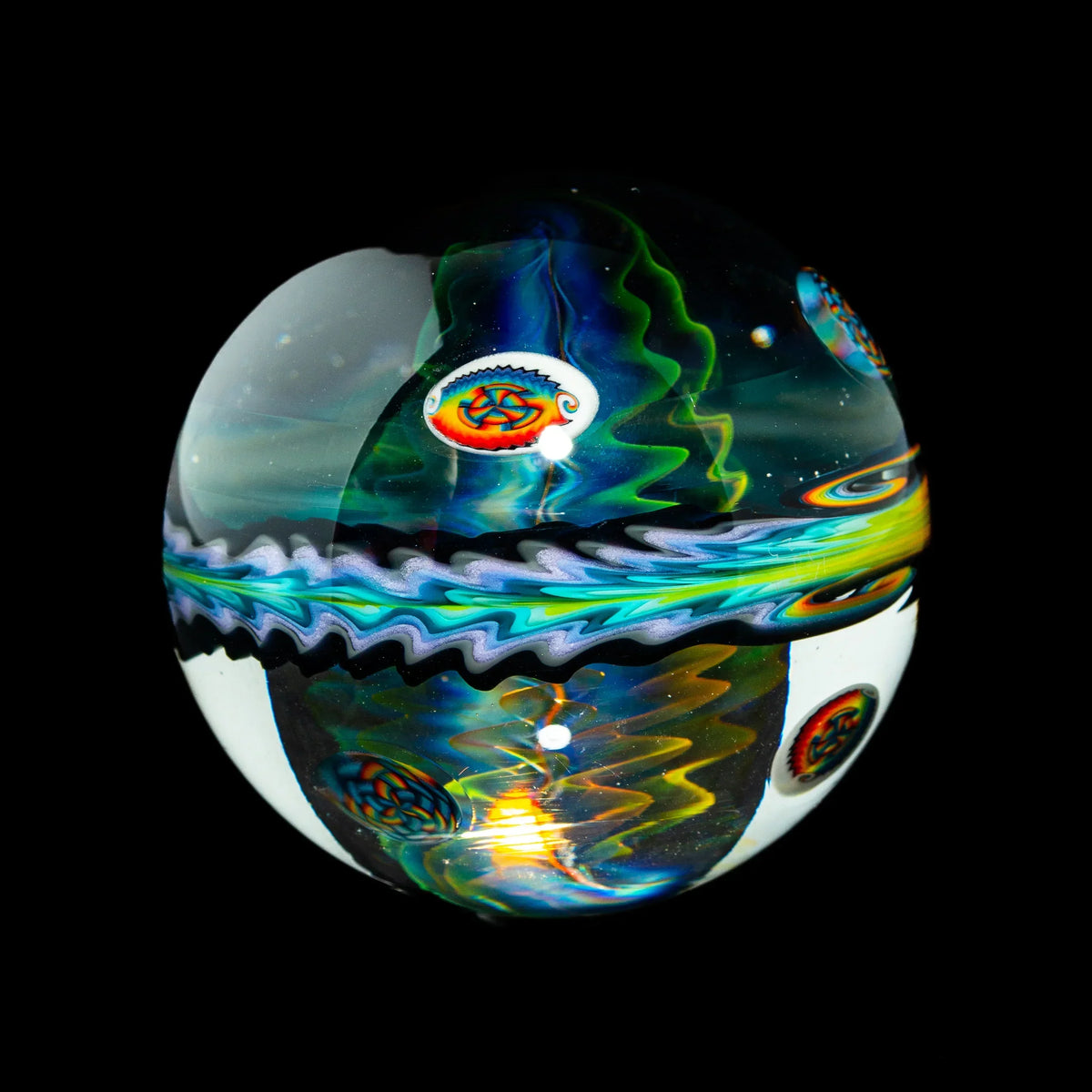 Colorful heady glass art marble with intricate swirling patterns and vibrant accents