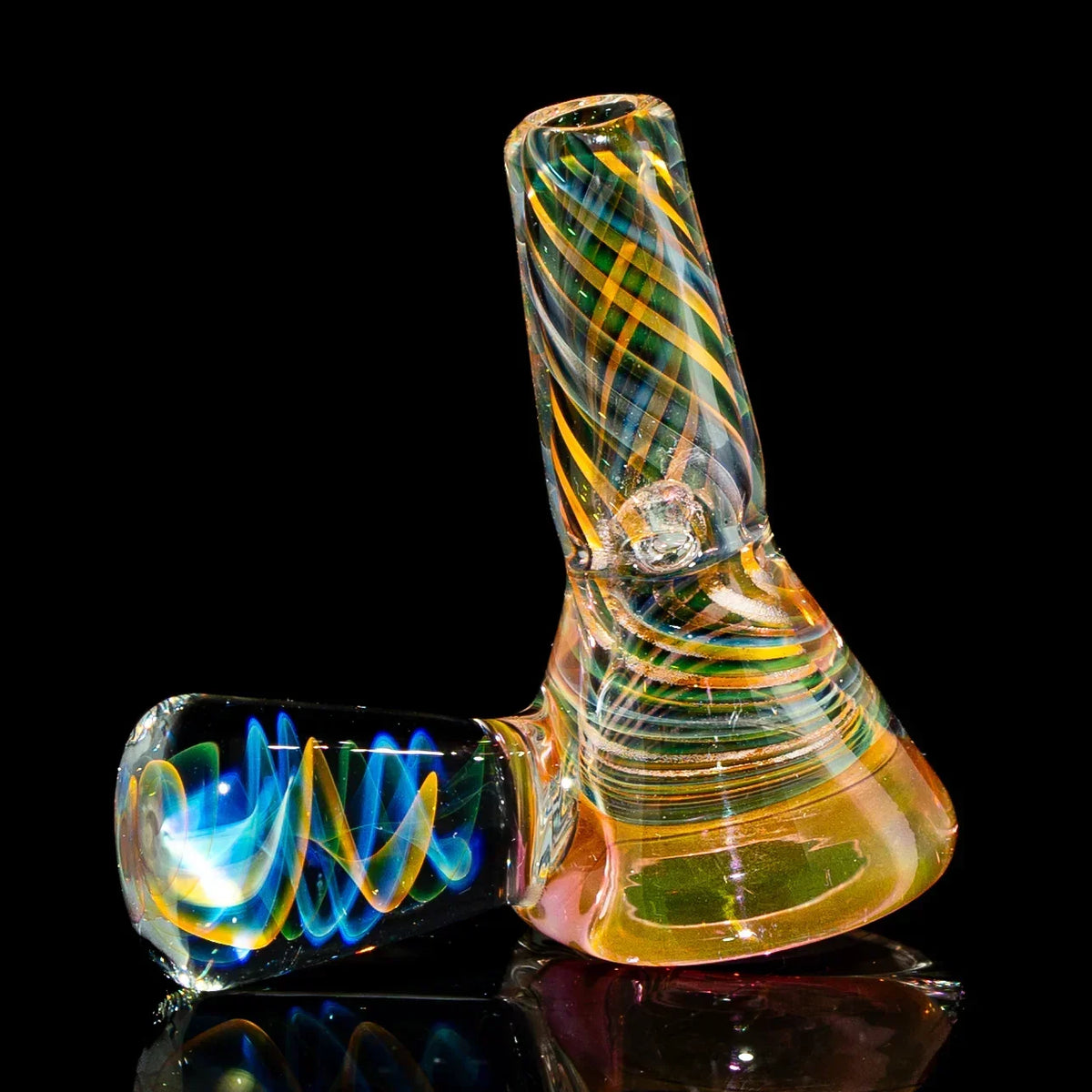 Colorful glass hand pipe with swirling patterns and vibrant accents on a black background