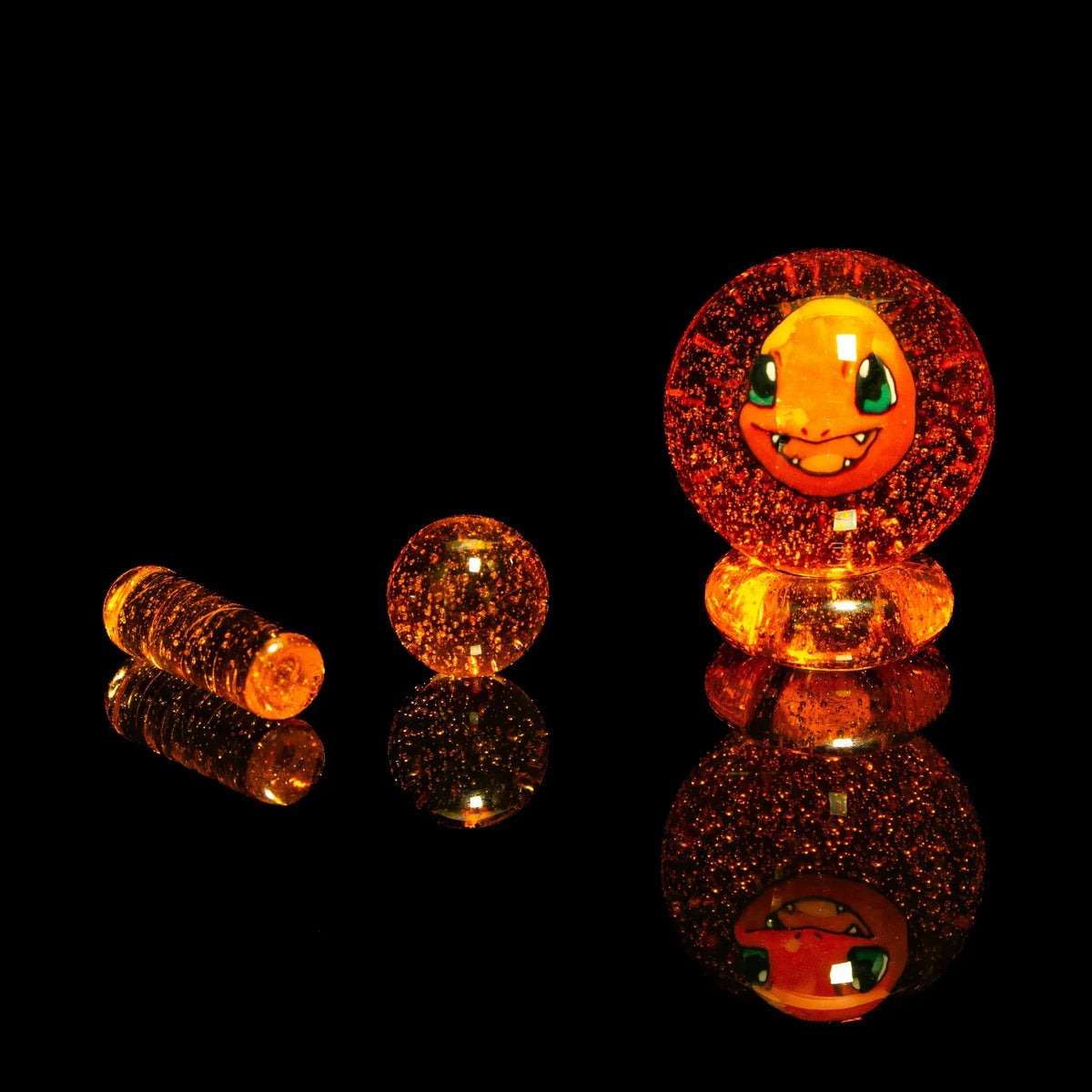 Orange glitter terp slurper marble set with cartoon face, glass accessories on black background