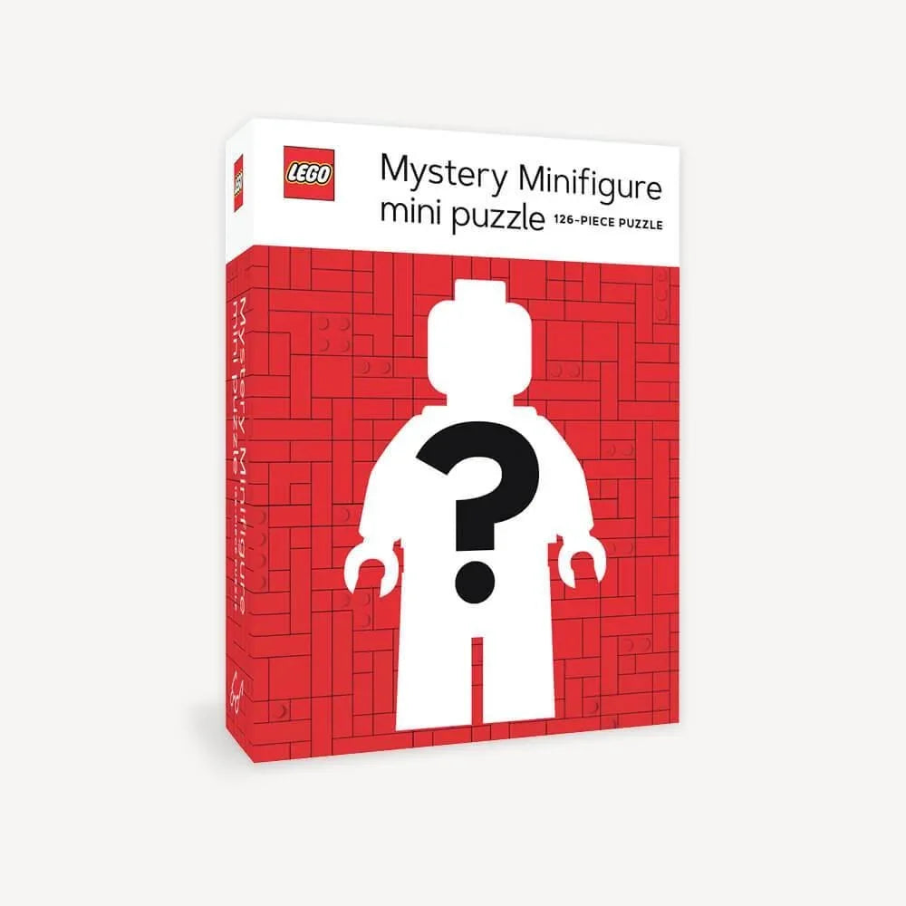 LEGO Mystery Minifigure mini puzzle box with red brick pattern and question mark silhouette.