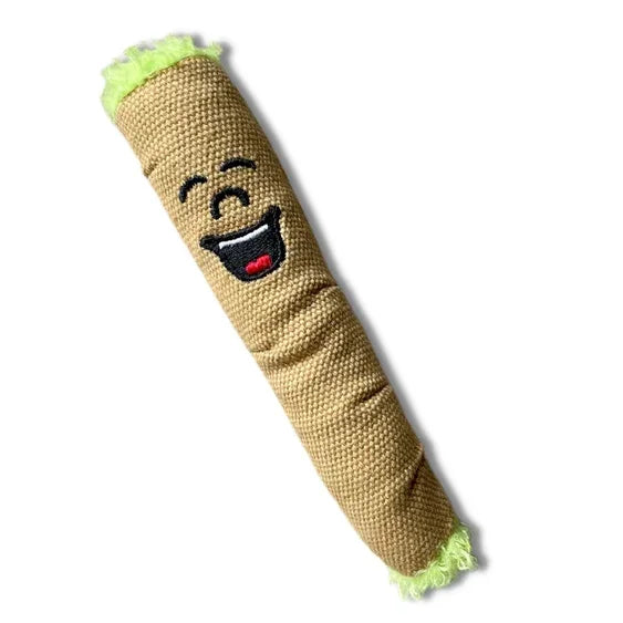Brown novelty plush toy shaped like a rolled blunt with a smiling embroidered face and green ends