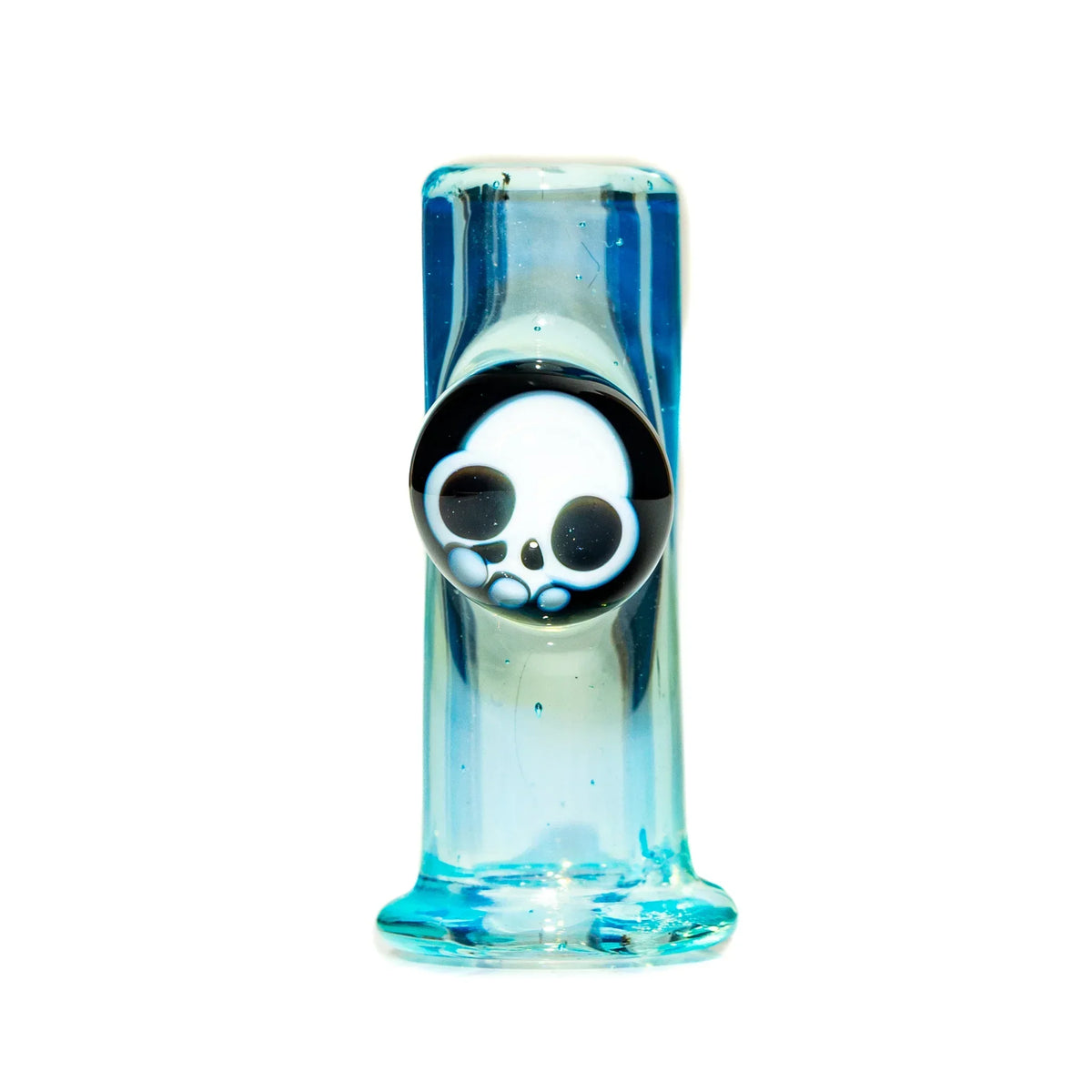 Blue glass accessory with skull design, artistic smoking glass piece on white background