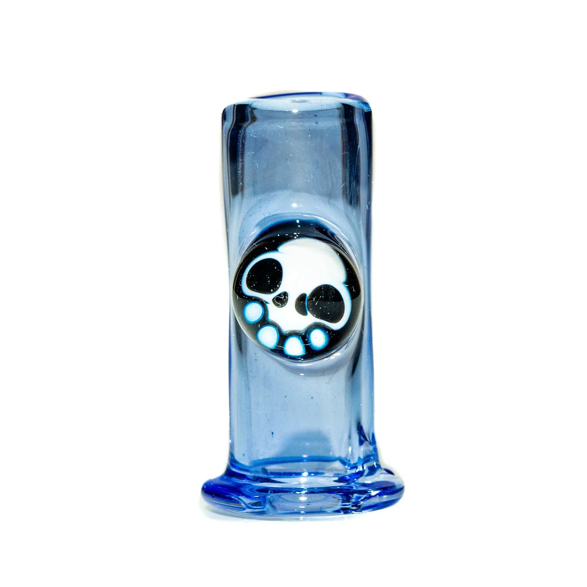 Blue glass smoking accessory featuring a white and black skull design with blue accents
