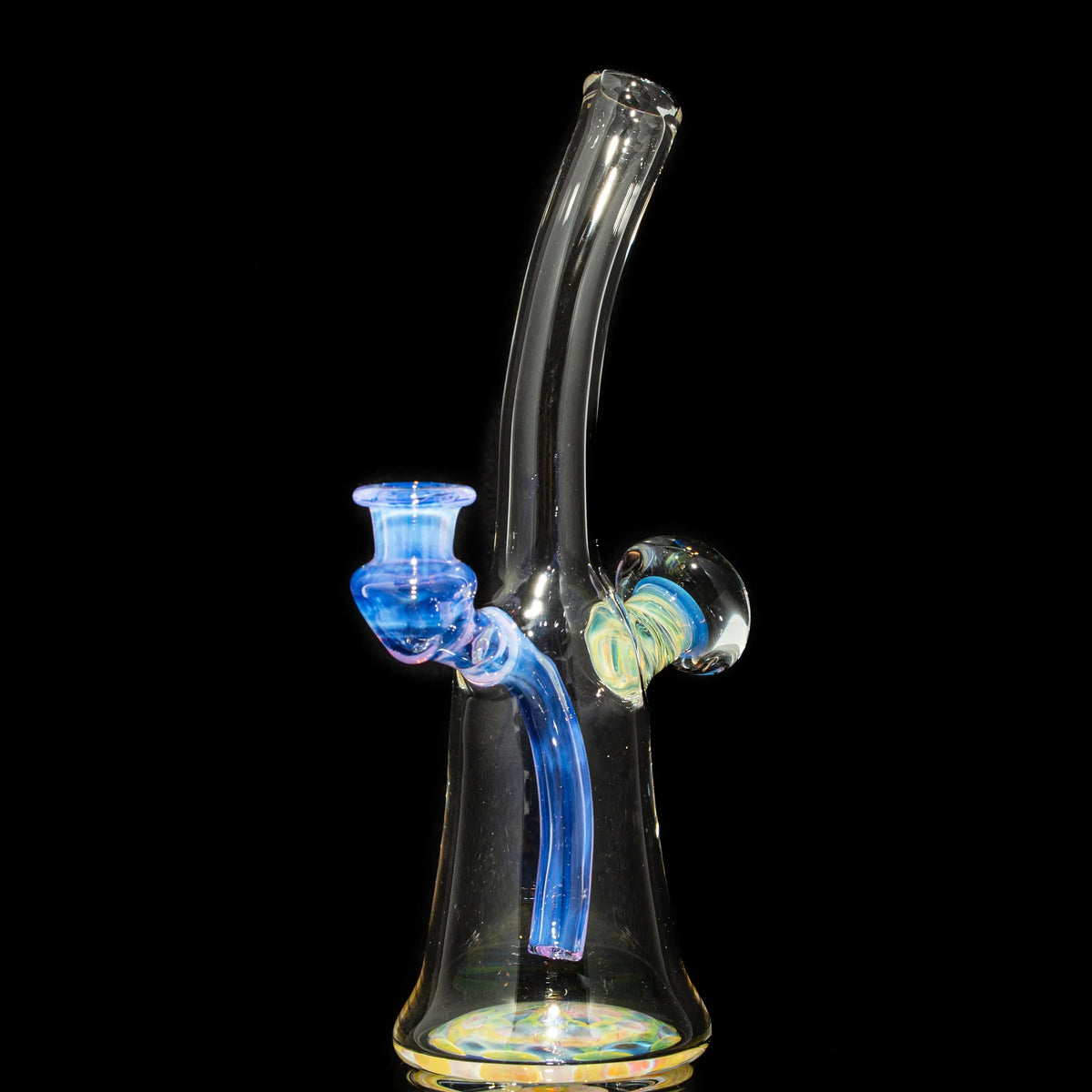 Hand-blown glass water pipe with blue accents and intricate details on a black background.