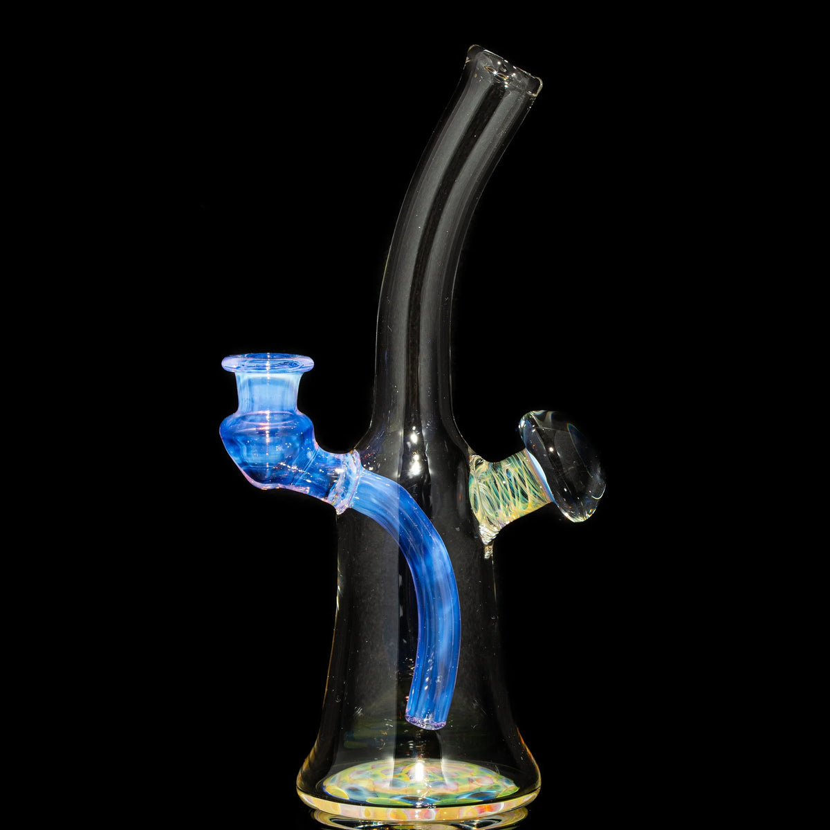 Heady glass water pipe with curved neck and blue accented bowl on black background