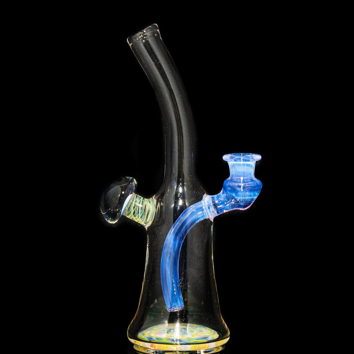 Heady glass water pipe with blue accents and artistic details on black background.