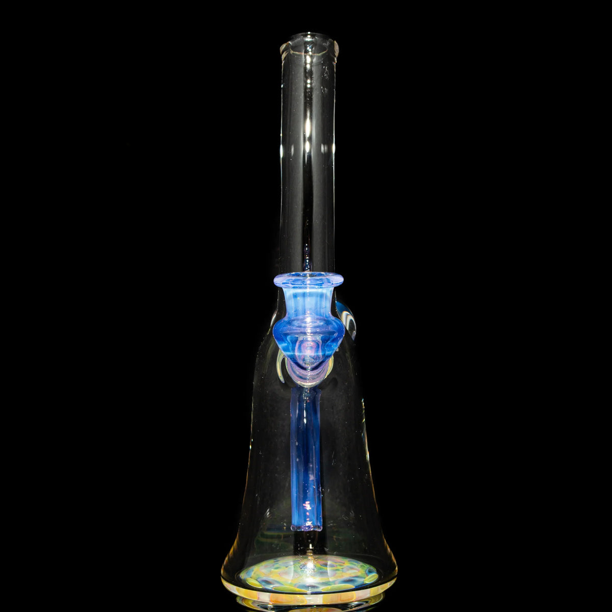 Clear glass water pipe with blue accent, detailed beaker base, on black background