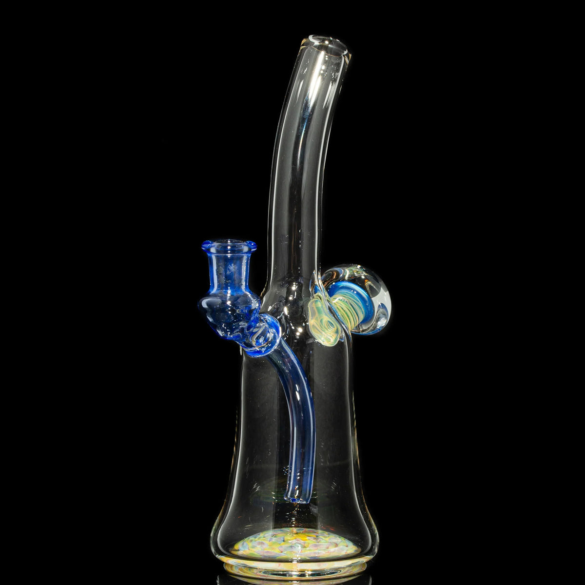 Handcrafted glass water pipe with blue accents and colorful swirls, on black background