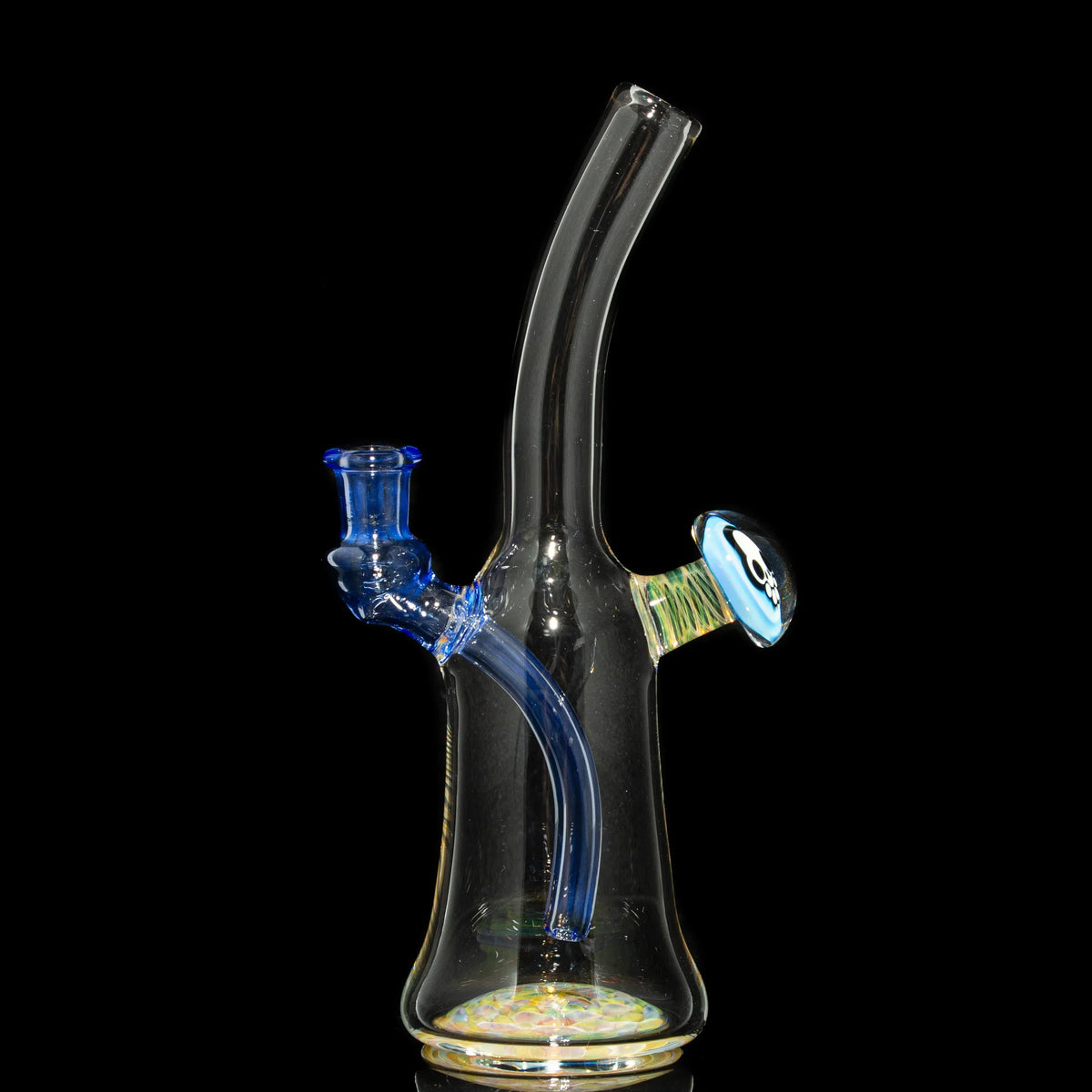 Heady glass water pipe with blue accents and decorative marble on a black background.