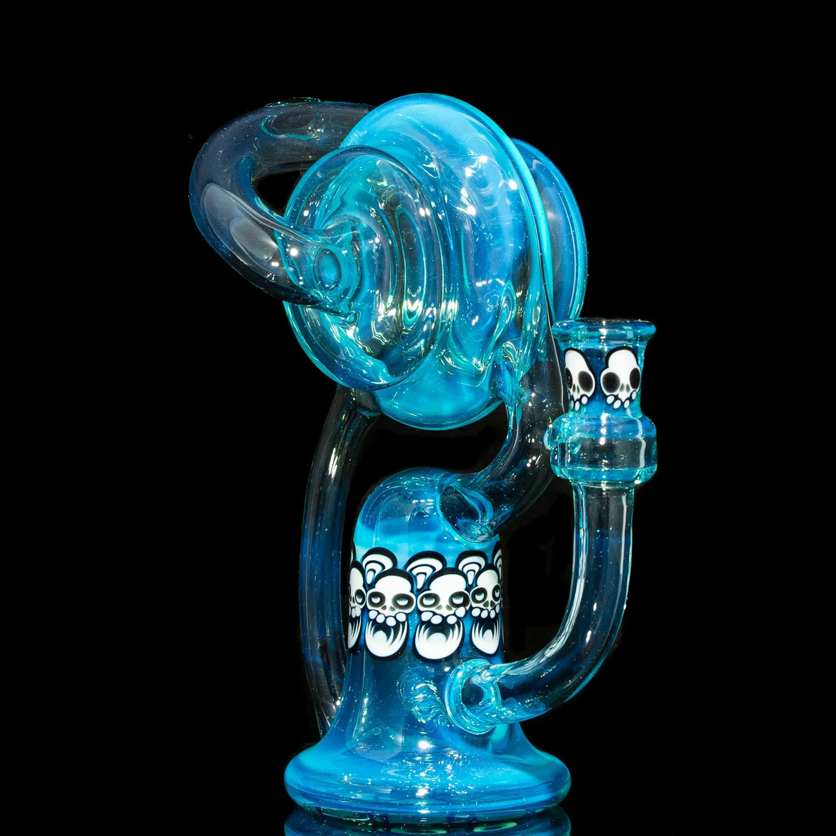 Blue glass recycler water pipe with bear and skull design, heady glass art piece
