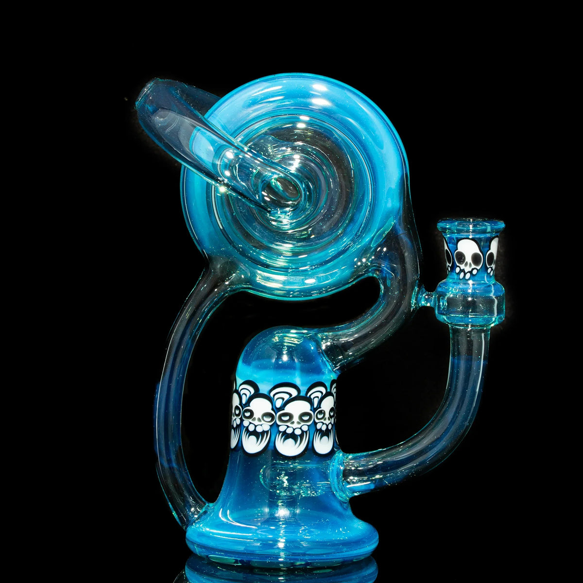Blue glass recycler rig with bear skull designs, unique heady glass water pipe