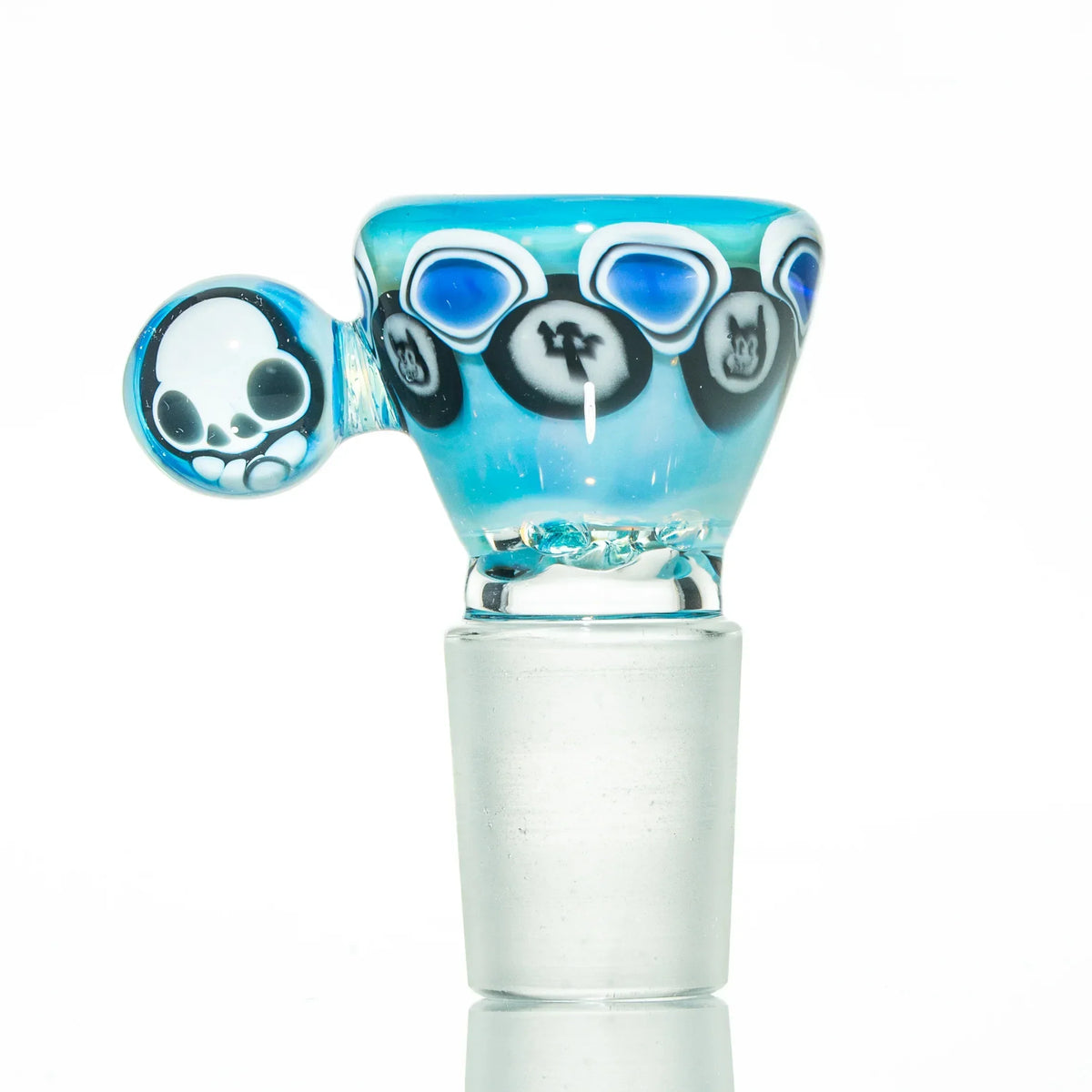 Blue glass bowl slide with skull and animal face accents, used for water pipes