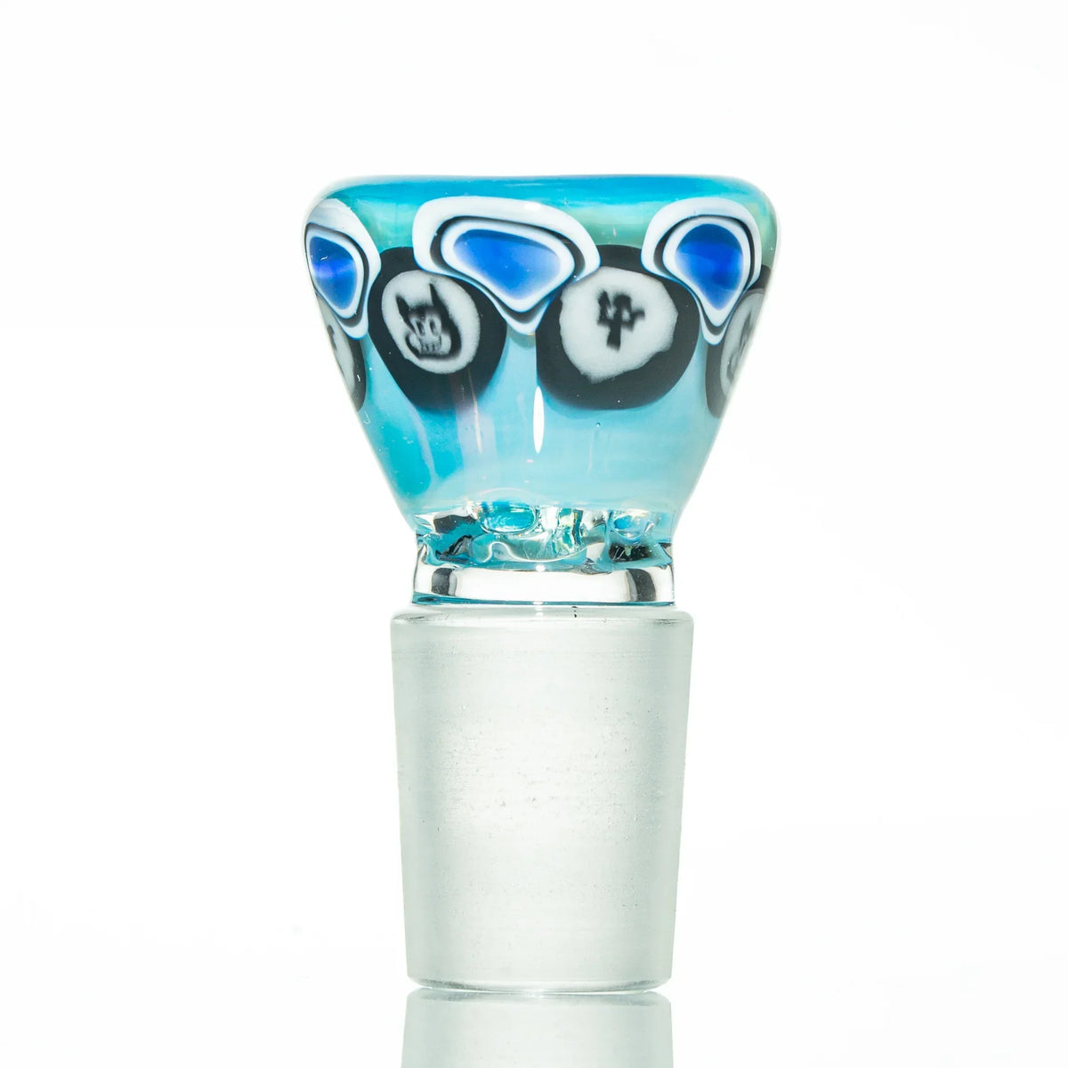 Blue and clear glass bowl piece with artistic patterns for water pipe or bong accessory