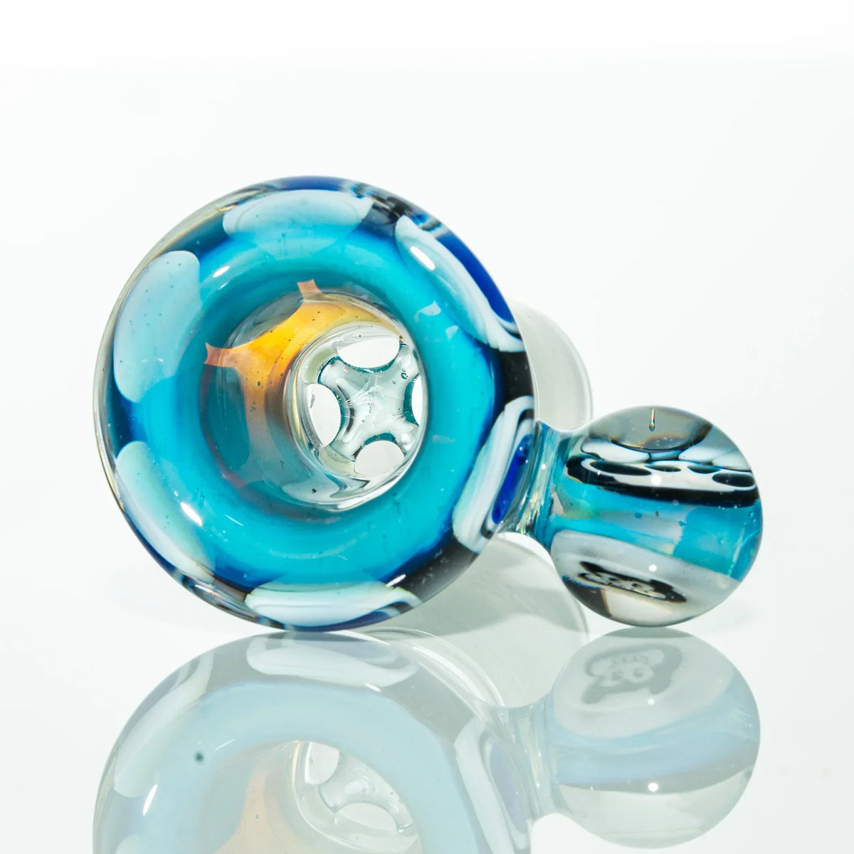 Blue and white glass bowl slide with unique swirling patterns for water pipe or bong