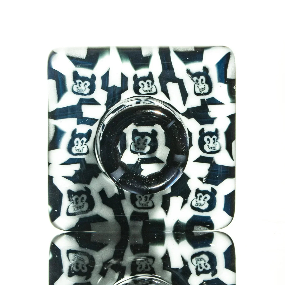 Square glass dish with cartoon bear faces and black and white pattern, glass accessory