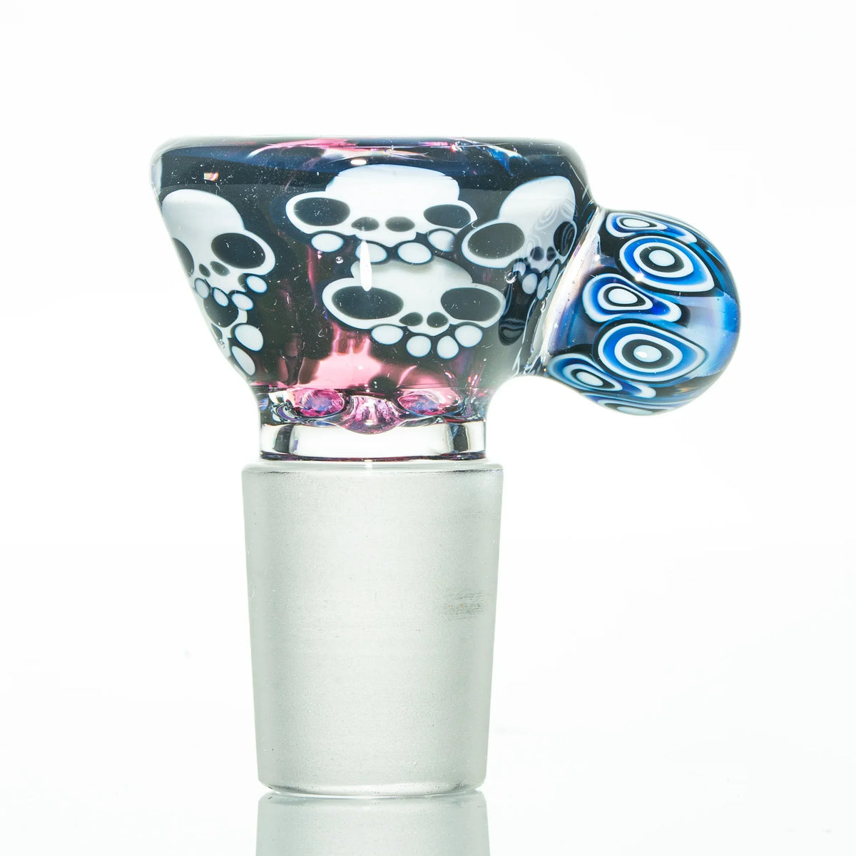 Glass bowl slide with white skull design and blue patterned handle for water pipe