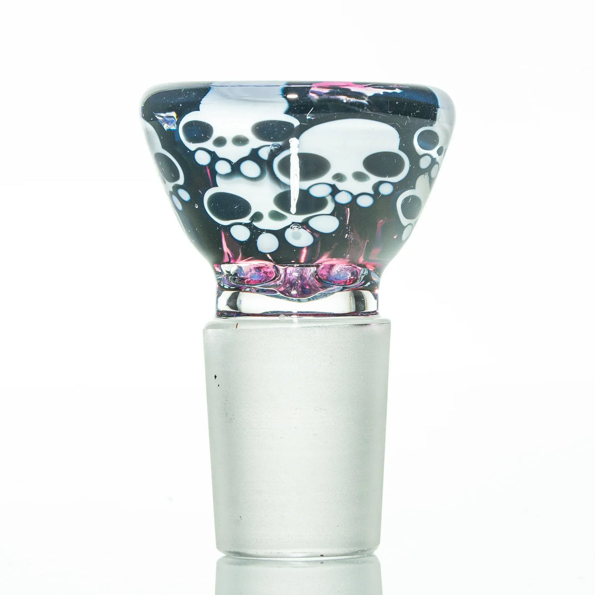 Heady glass bowl with white skull pattern and pink accents for water pipe