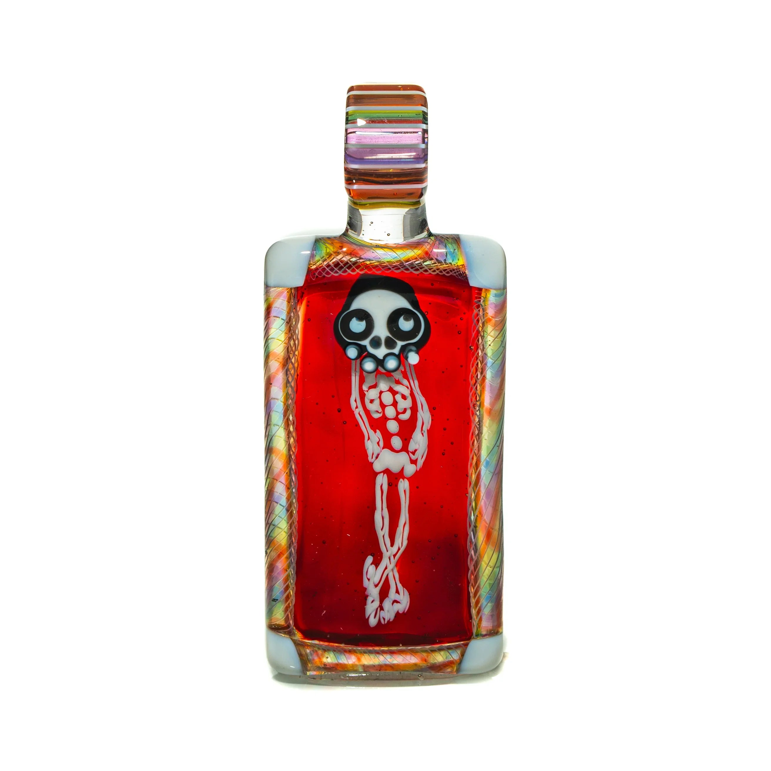 Handcrafted glass pendant with skeleton design and vibrant red, iridescent background