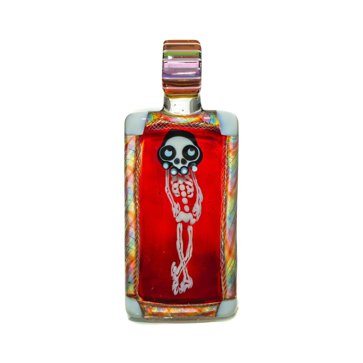 Handcrafted glass pendant with skeleton design and vibrant red, iridescent background