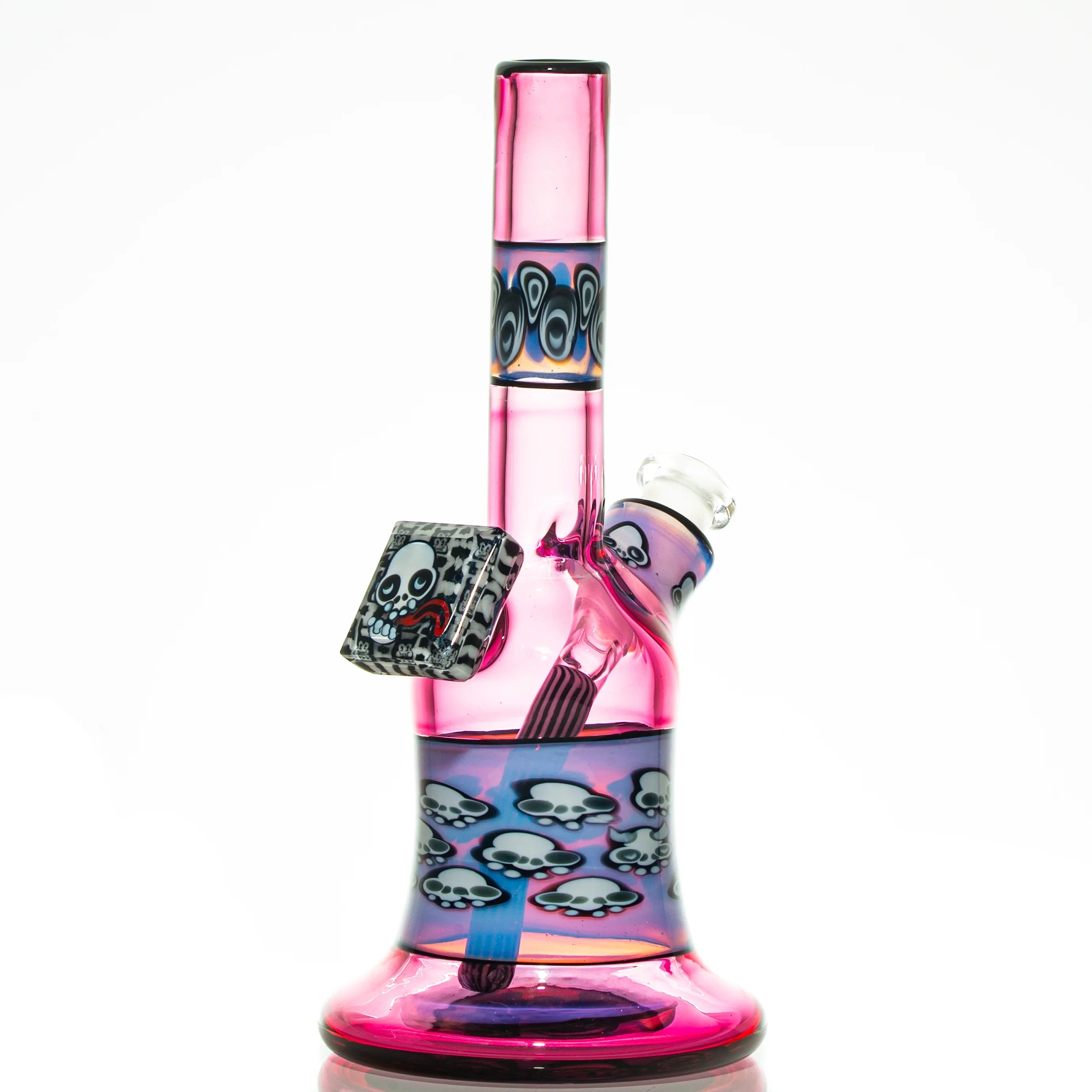 Pink glass water pipe with skull designs and colorful accents on a white background