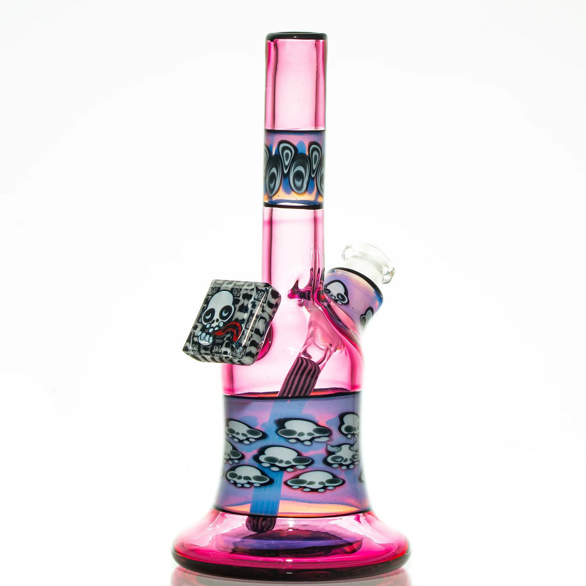 Pink glass water pipe with skull designs and colorful accents on a white background
