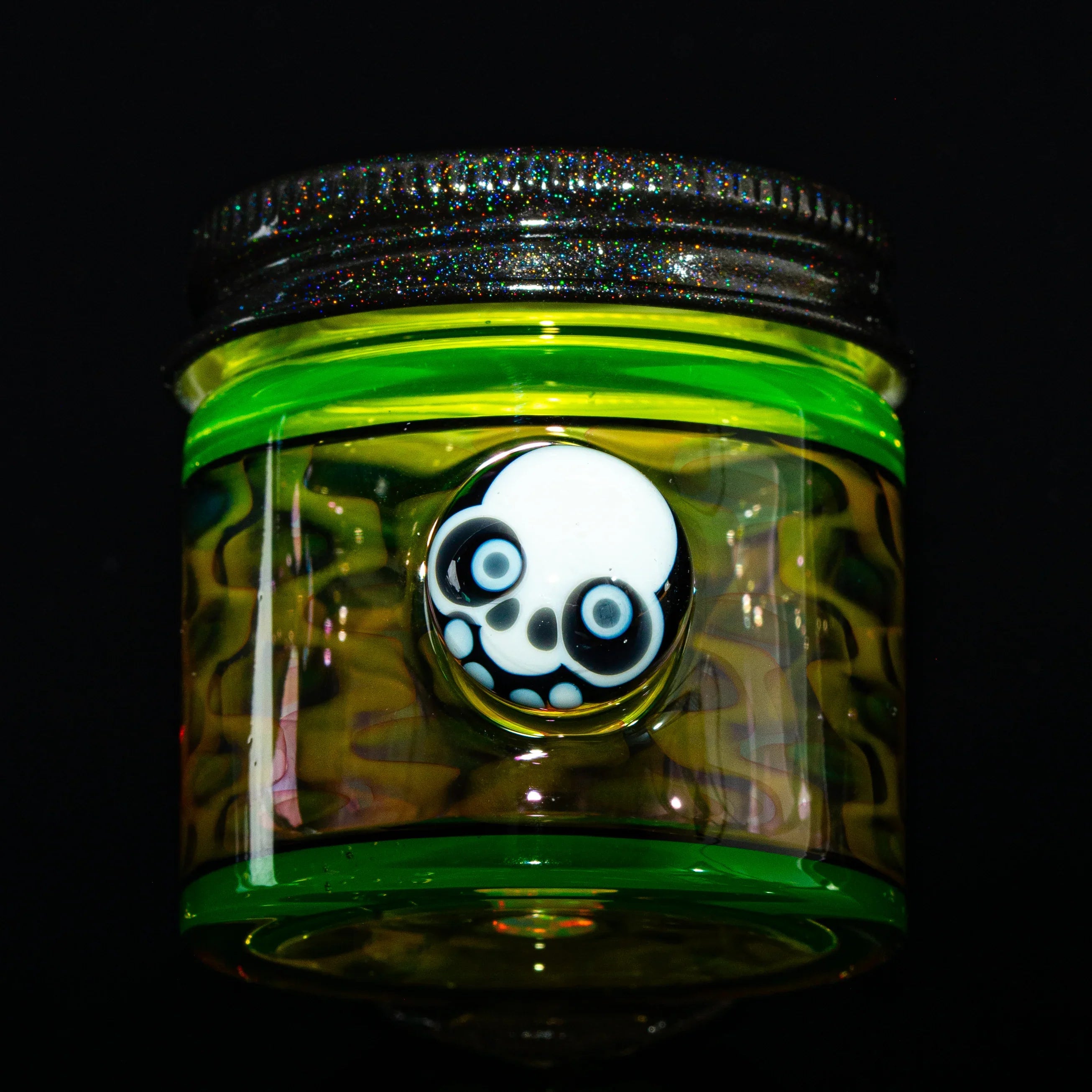 Colorful glass jar with panda skull design, neon green accents, and black lid