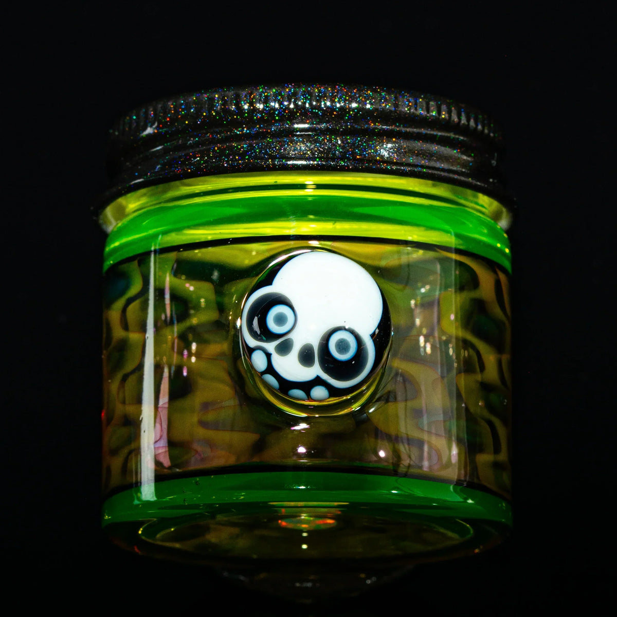 Colorful glass jar with panda skull design, neon green accents, and black lid