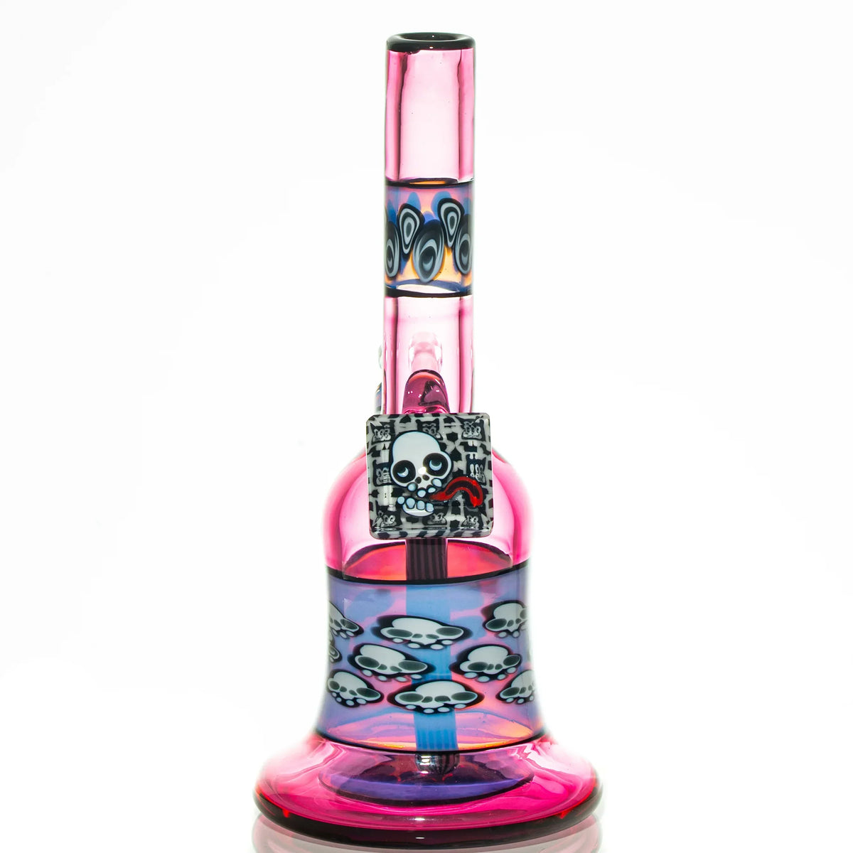 Pink and blue glass water pipe with skull designs and intricate patterns, heady glass art