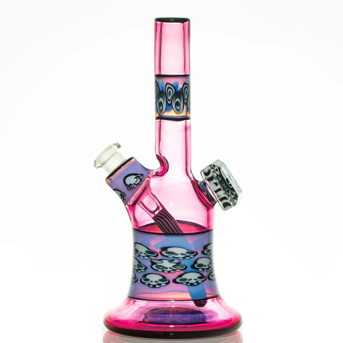 Pink glass water pipe with skull pattern and colorful artistic accents