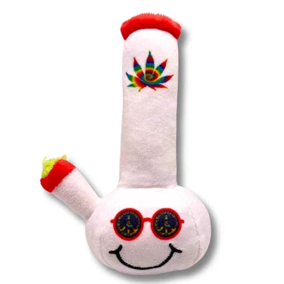 Plush bong toy with rainbow leaf design, red accents, smiley face, and sunglasses.