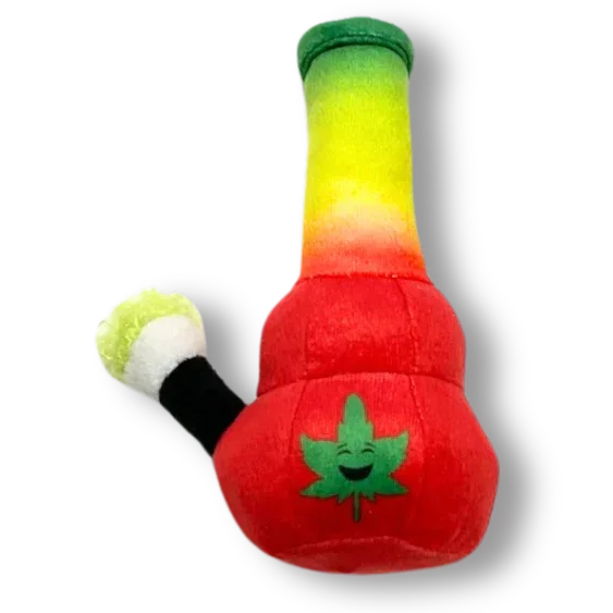 Plush bong toy with red, yellow, and green gradient and happy leaf face design