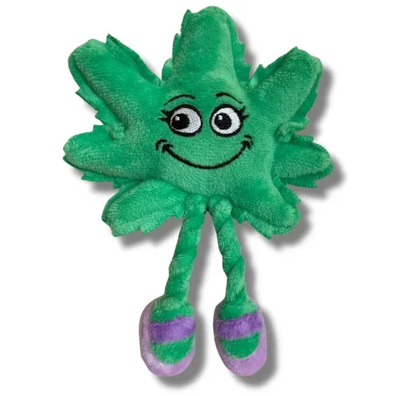 Cute green plush toy shaped like a smiling leaf with striped legs and purple shoes