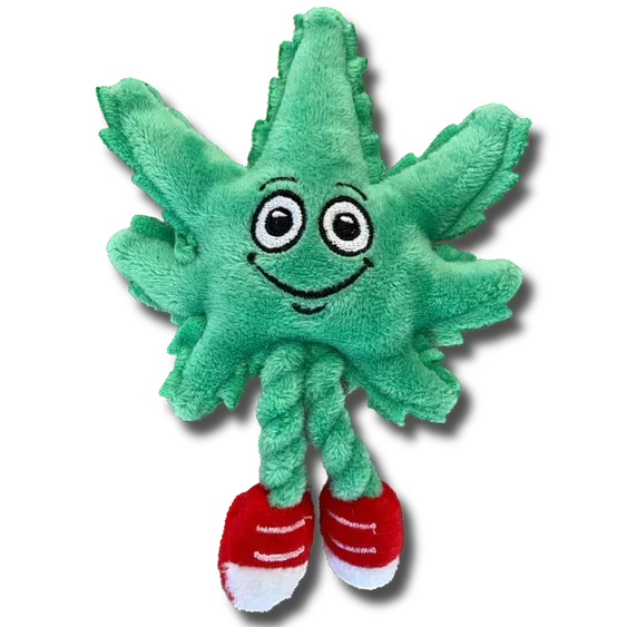 Plush toy shaped like a green leaf with cartoon eyes and red shoes, weed novelty gift