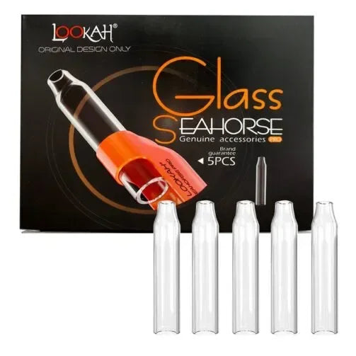5-pack replacement glass tubes for Seahorse Pro vaporizer, displayed in front of product box.