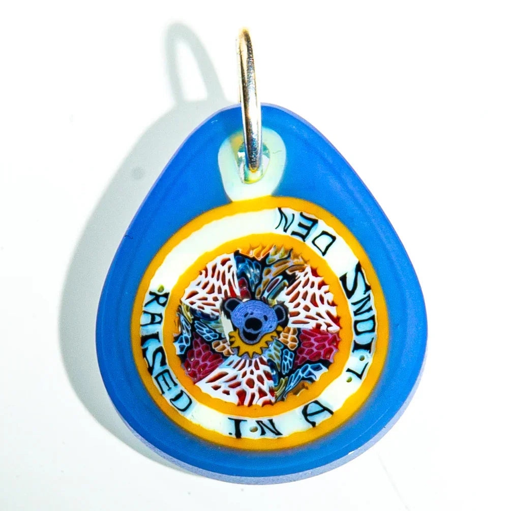 Colorful glass keychain with intricate bear design and 'Raised in a lion's den' text