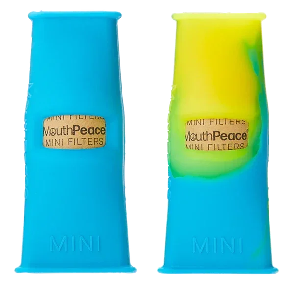 Two MouthPeace Mini silicone filters, one solid blue and one blue-yellow, for joint and vape use.