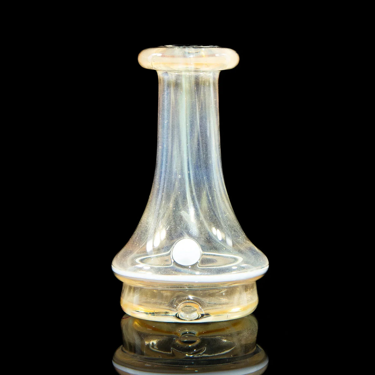 Iridescent glass bubbler mouthpiece with a flared base on black background