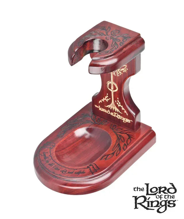The Lord of the Rings wooden pipe stand with engraved Elvish designs, displayed on white background.