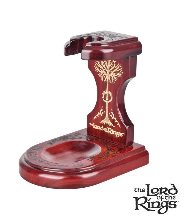 Wooden Lord of the Rings pipe stand with gold Tree of Gondor design, three-quarters view
