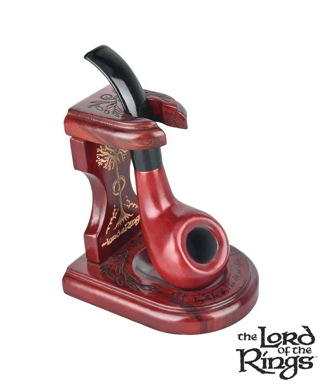 Lord of the Rings themed wood pipe stand with engraved designs and matching smoking pipe