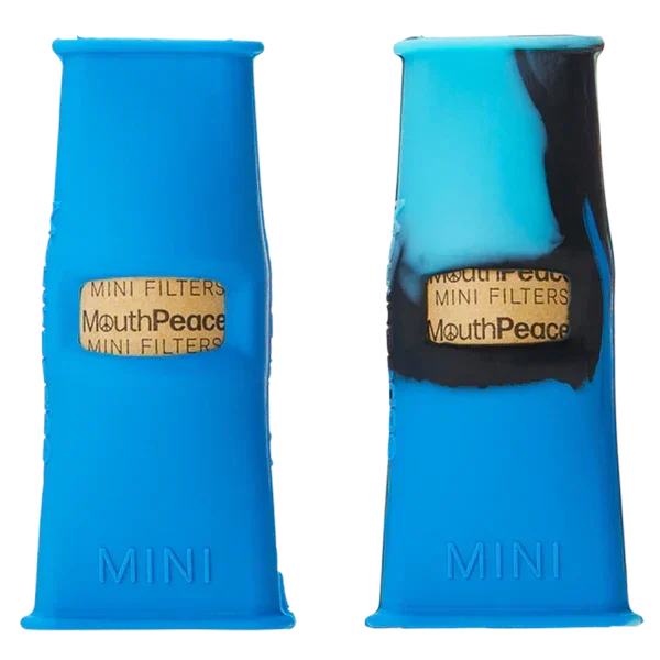 Two blue silicone mini filters for joints, blunts, and vapes with MouthPeace labels