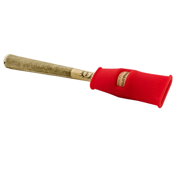 Mini joint holder with red silicone grip and pre-rolled cone for smoking accessories
