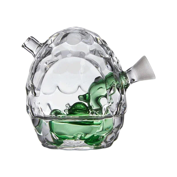Clear glass dragon egg-shaped bubbler with green dragon detail, isolated on white