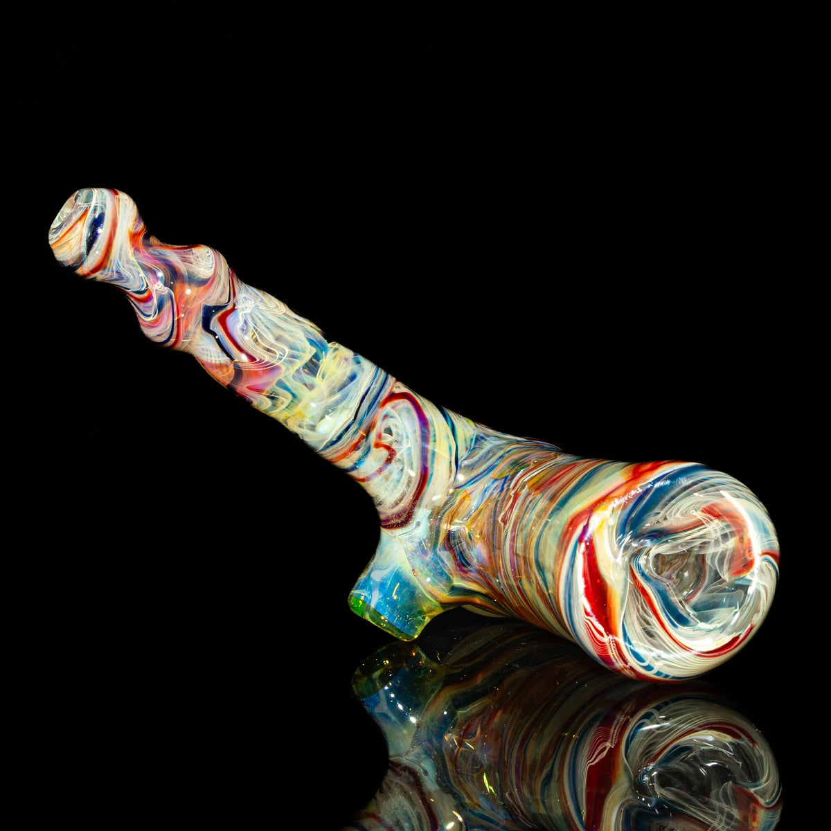 Colorful hand-blown glass pipe with vibrant swirls on a black background