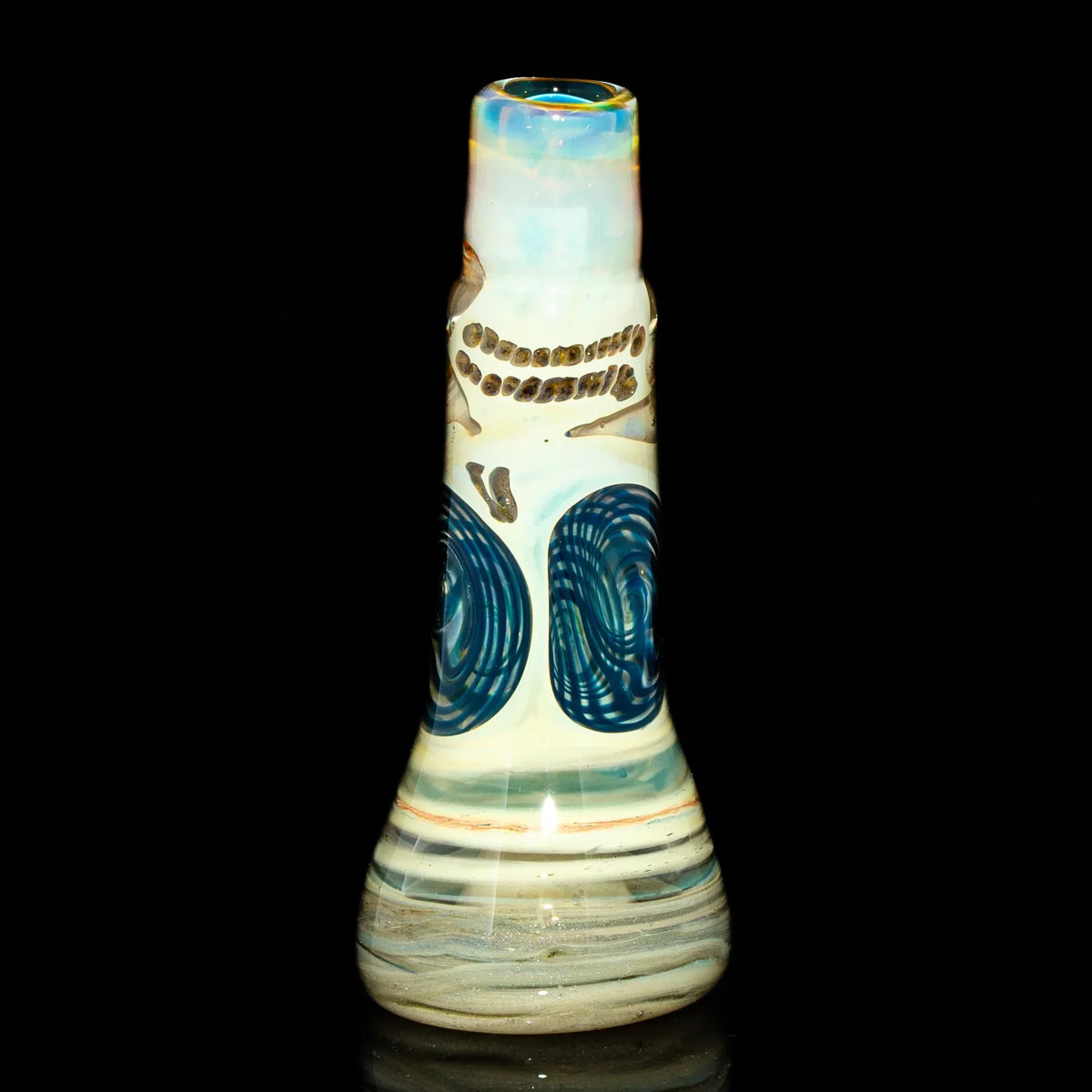 Heady glass water pipe with blue swirl and abstract designs on a black background