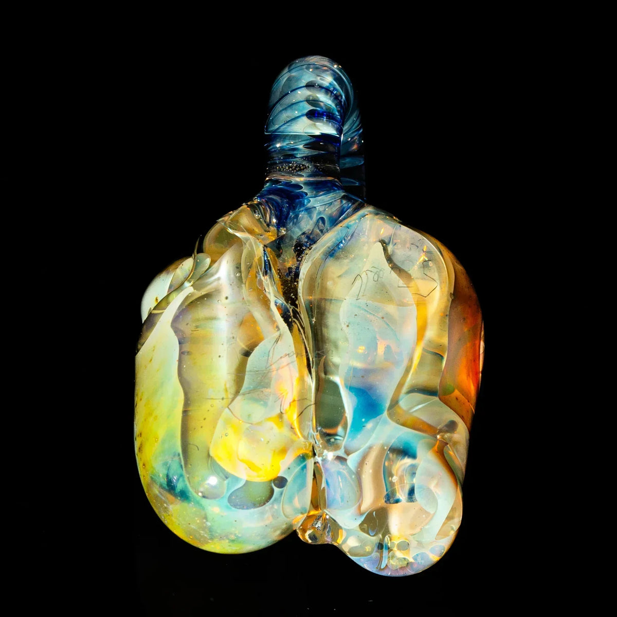 Heady glass art piece with vibrant blue, yellow, and orange swirls on a black background.