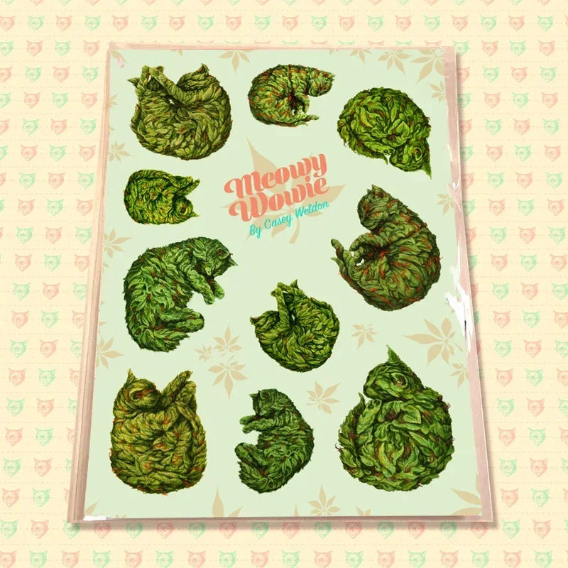 Sticker pack featuring green leafy cats in various curled sleeping poses on a pastel background.