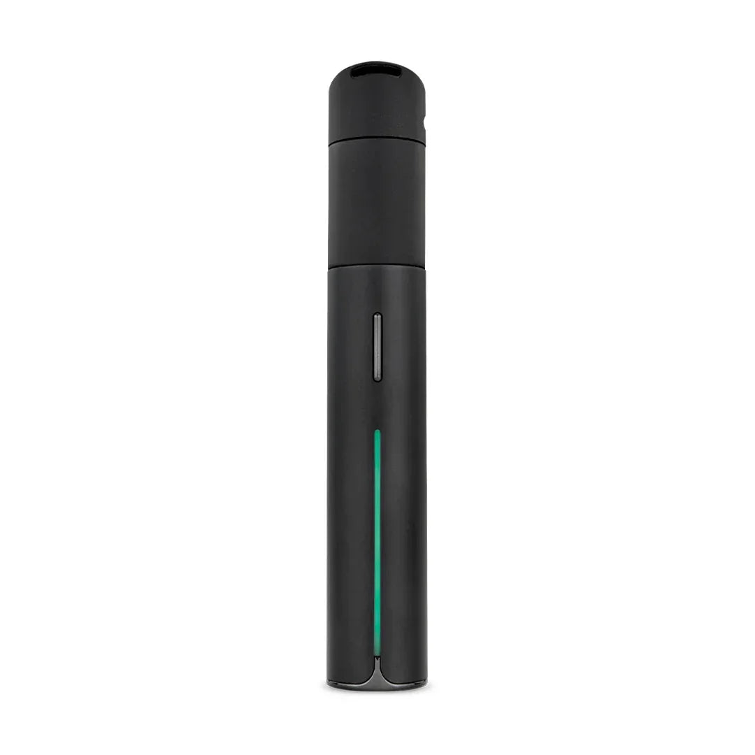Black portable herb vaporizer pen with sleek minimalist design on white background.